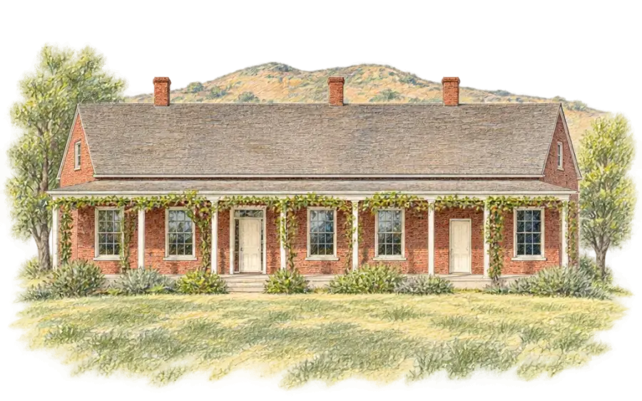Pencil sketch of a red brick farmhouse with a vine-draped veranda and old trees