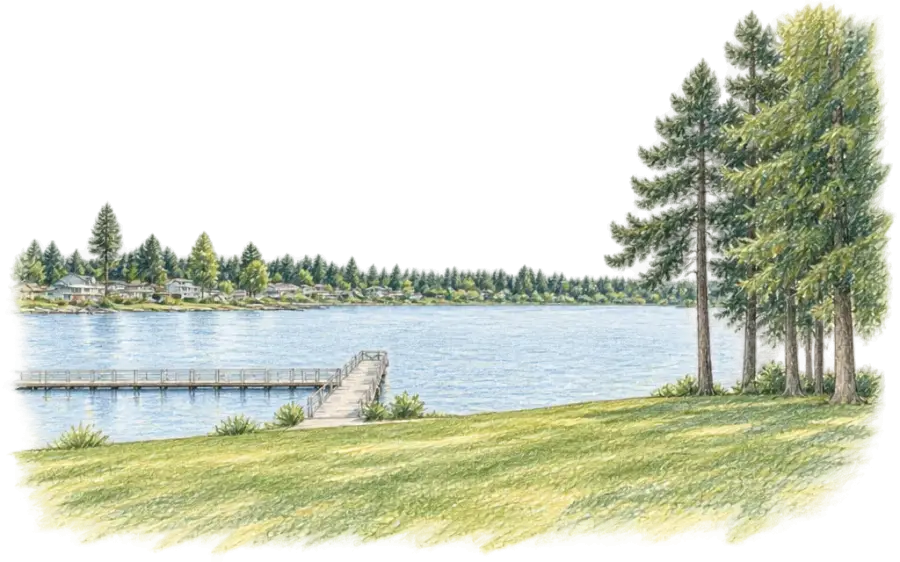 Pencil sketch of a lake with a fishing pier, a lawn and tall firs