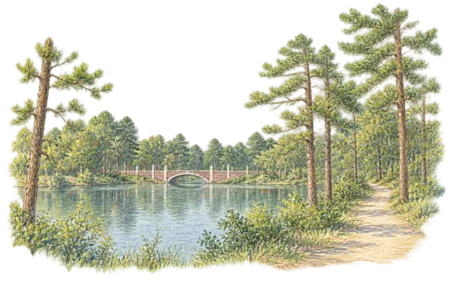 Pencil sketch of a calm lake ringed by pines and oaks with a lakeside path