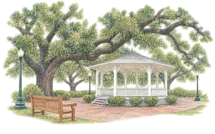 Pencil sketch of a white Victorian gazebo under huge spreading live oaks