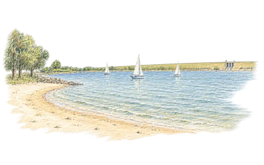 Pencil sketch of a sandy lake beach, sailboats and a long low dam