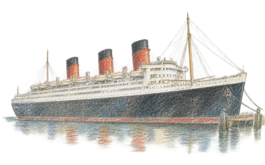 Pencil sketch of the Queen Mary's dark hull and three funnels in a calm harbor