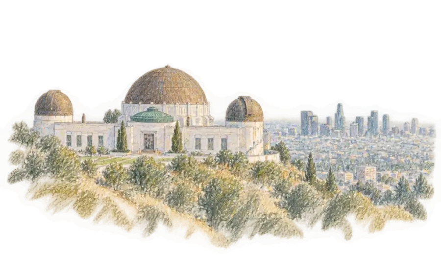 Pencil sketch of Griffith Observatory's three domes on a hillside above a hazy city