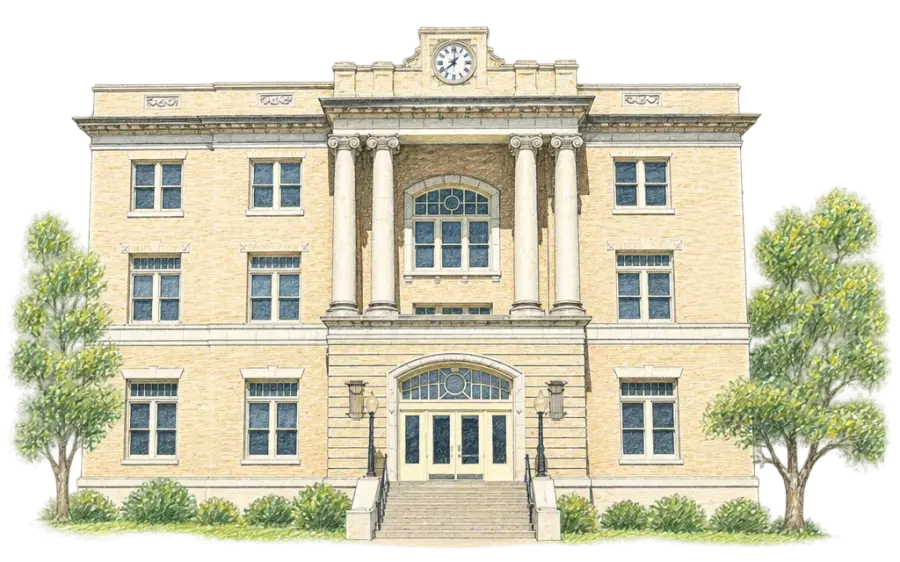 Pencil sketch of a pale brick courthouse with Ionic columns above an arched entrance