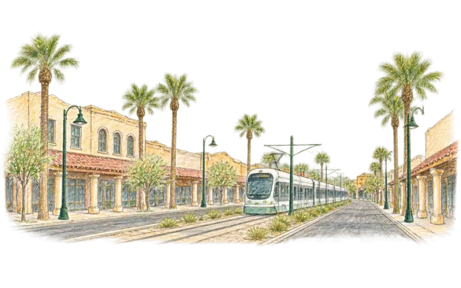Pencil sketch of a light-rail train on Mesa's Main Street between stucco storefronts