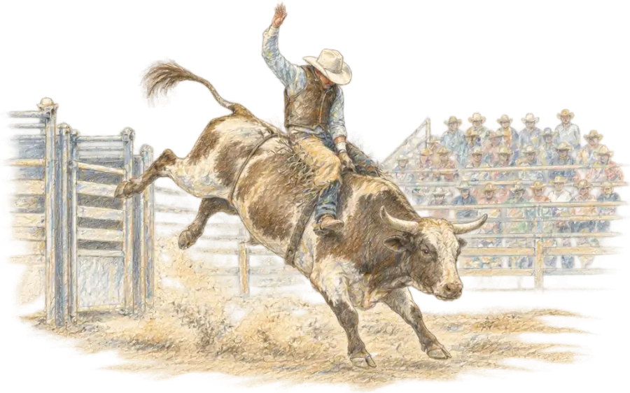 Pencil sketch of a cowboy riding a bucking bull in a dirt rodeo arena