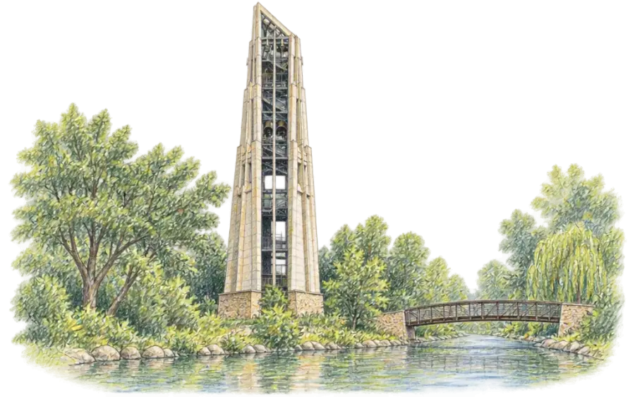 Pencil sketch of a tall tapering carillon tower beside a river and footbridge