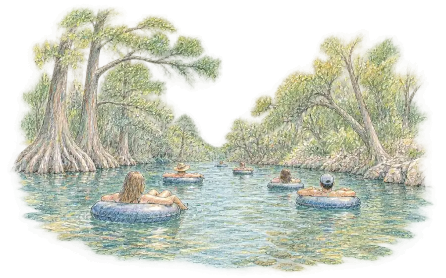 Pencil sketch of people floating in inner tubes down a tree-lined river