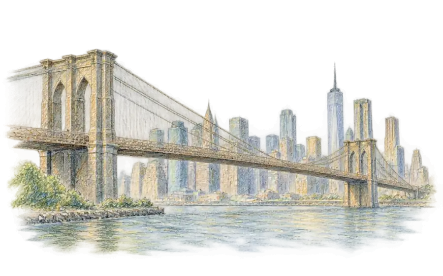 Pencil sketch of the Brooklyn Bridge's granite towers and cables over the East River