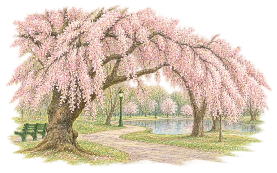 Pencil sketch of cherry blossom trees arching over a curving path and pond