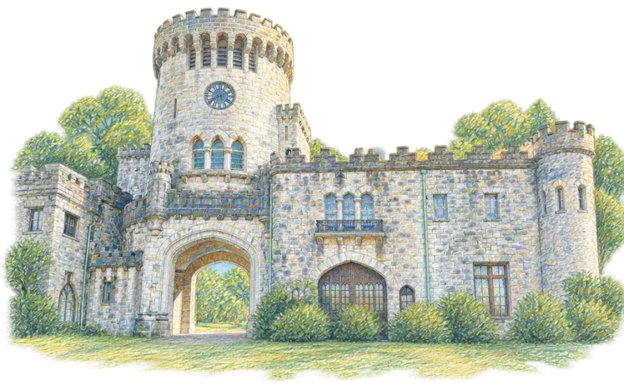 Pencil sketch of a gray stone castle with round towers above a rolling lawn