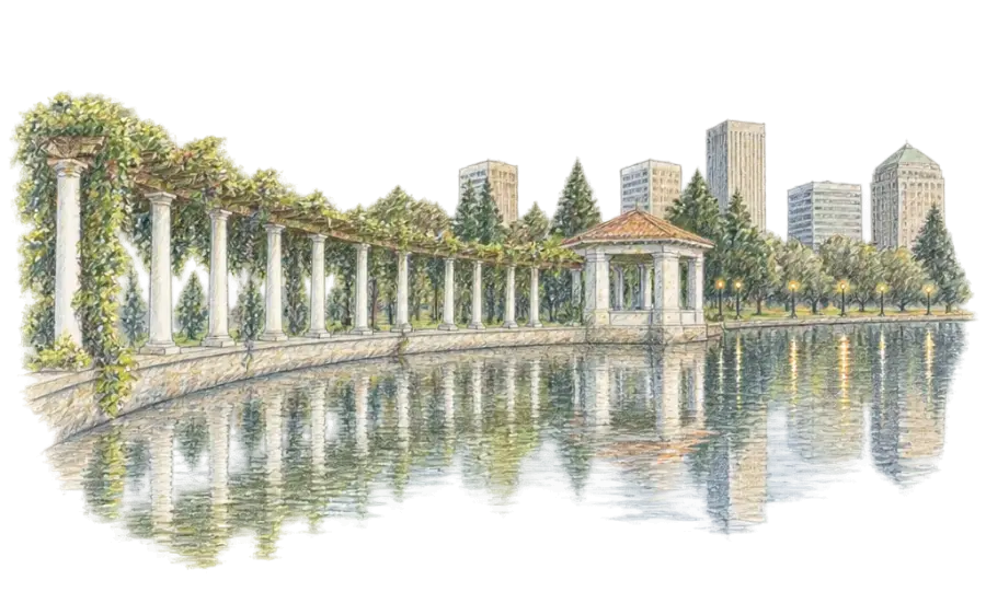 Pencil sketch of a lakeside colonnade and lamppost lights reflected in Lake Merritt