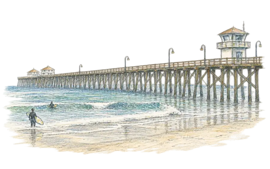 Pencil sketch of a long wooden pier with lamp posts running out over gentle surf