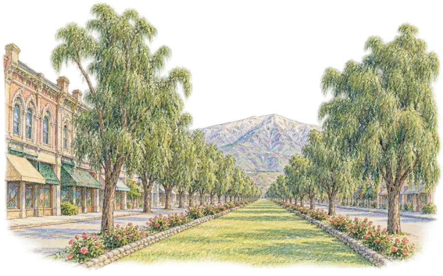 Pencil sketch of a grassy median under pepper trees with mountains behind