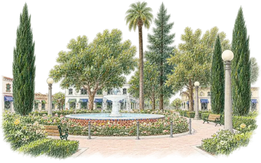 Pencil sketch of a round plaza fountain under shade trees before stucco storefronts