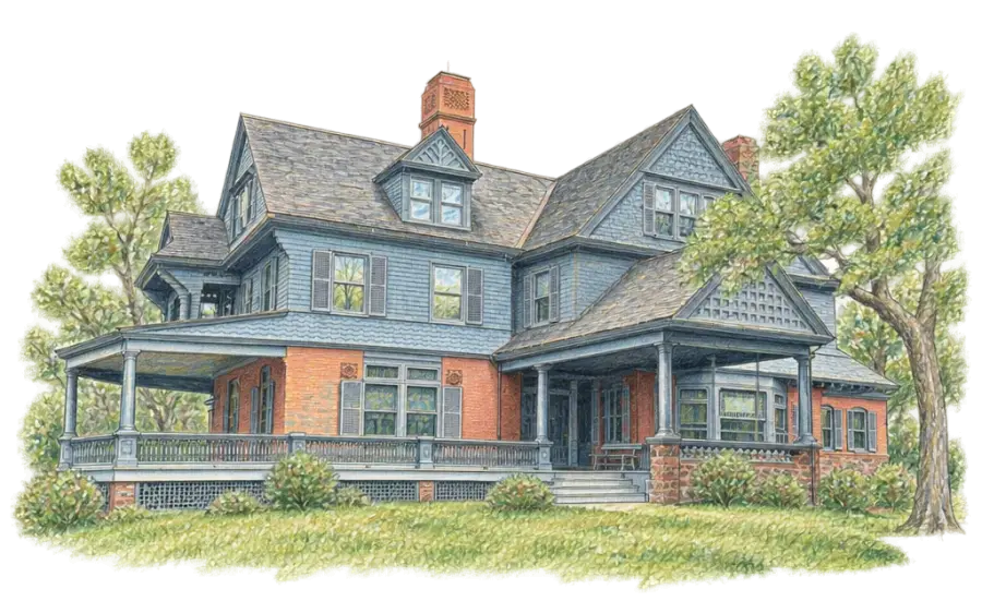 Pencil sketch of a rambling gabled country house with a wide porch on a hill