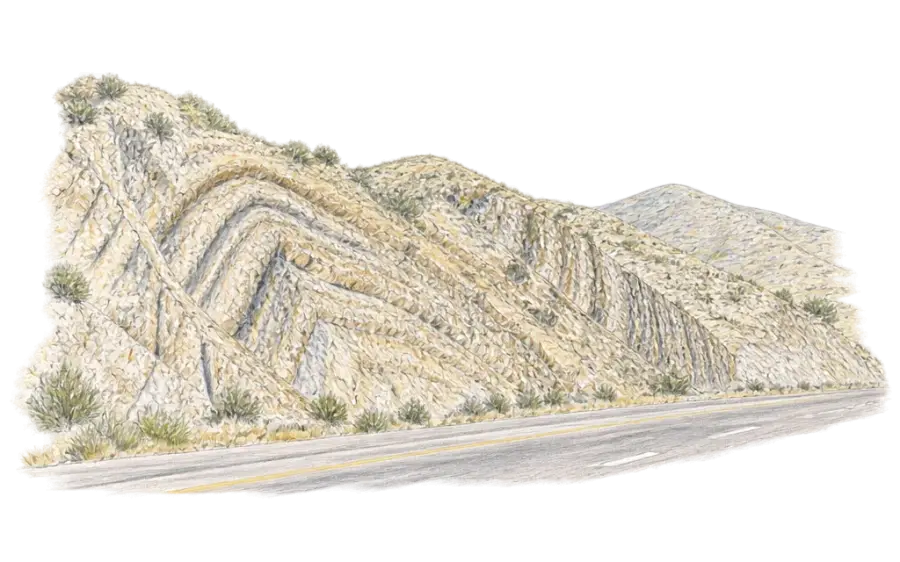 Pencil sketch of folded, striped rock layers beside a desert highway