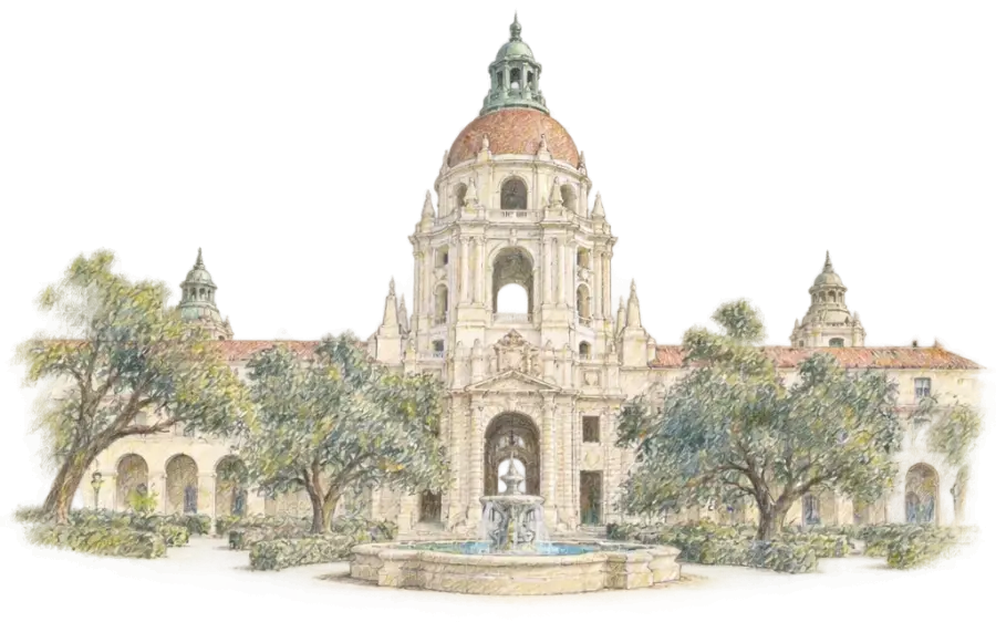 Pencil sketch of a domed city hall tower above a courtyard fountain and oaks
