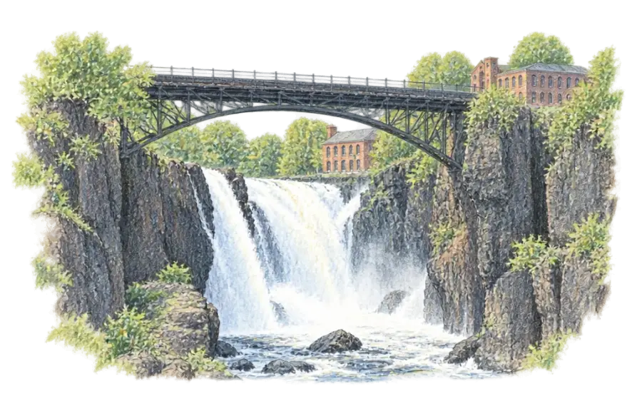 Pencil sketch of a wide waterfall in a dark gorge below old brick mills