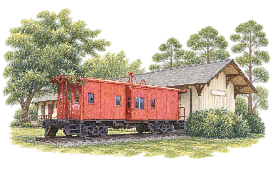 Pencil sketch of a small wooden railroad depot with a red caboose beside it