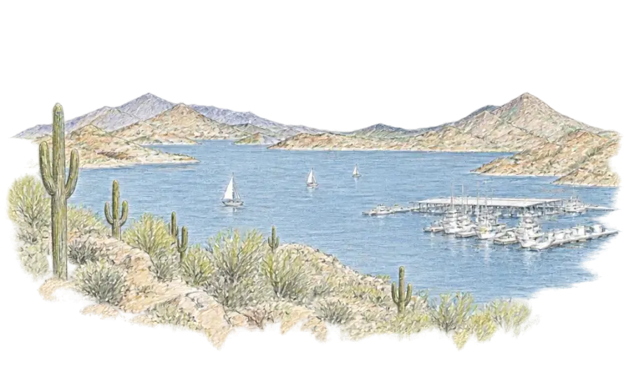 Pencil sketch of Lake Pleasant with sailboats and a marina below desert hills
