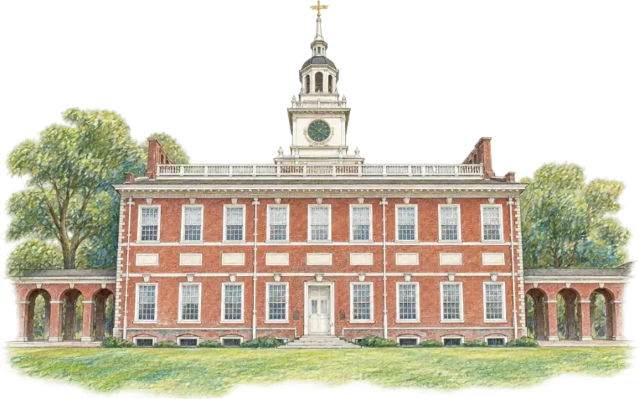 Pencil sketch of Independence Hall's red-brick front and white steeple behind a lawn