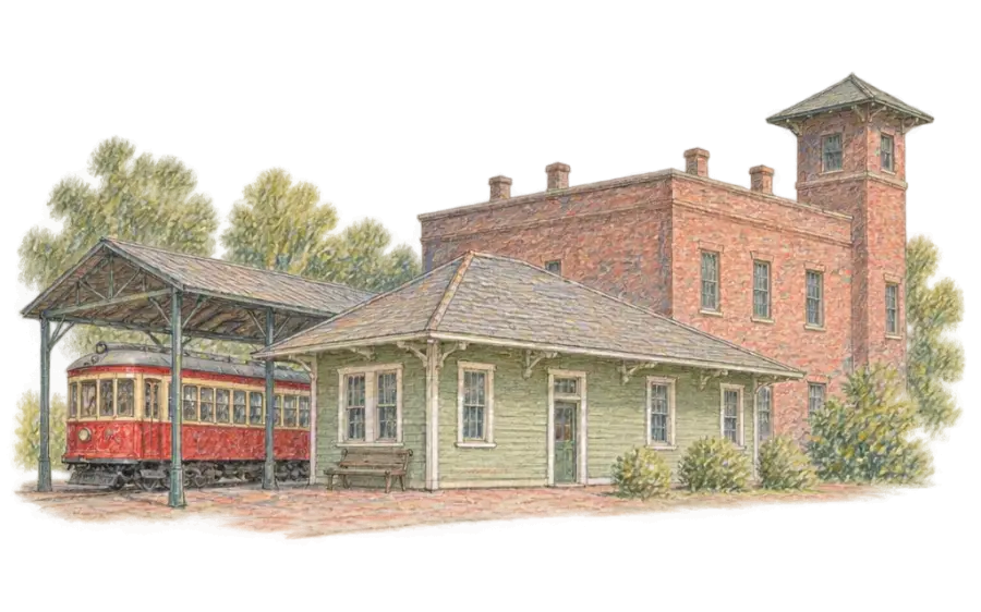 Pencil sketch of a green depot, red-brick substation and red interurban car under a canopy