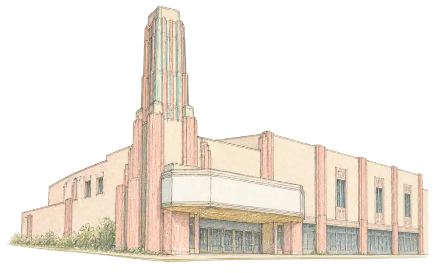 Pencil sketch of an Art Deco theater with a stepped, ribbed corner tower