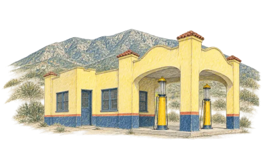 Pencil sketch of a tiny gas station with vintage pumps and mountains behind