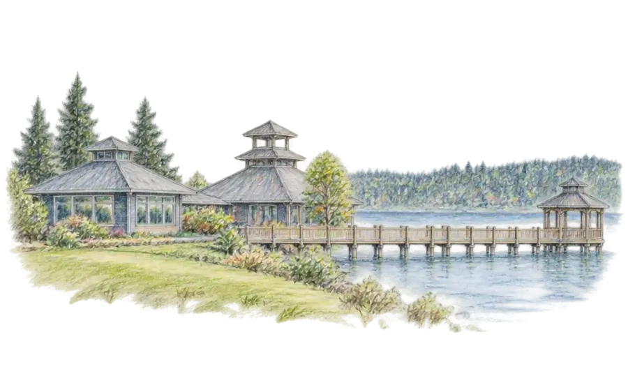 Pencil sketch of lakeside pavilions and a boardwalk leading to a gazebo