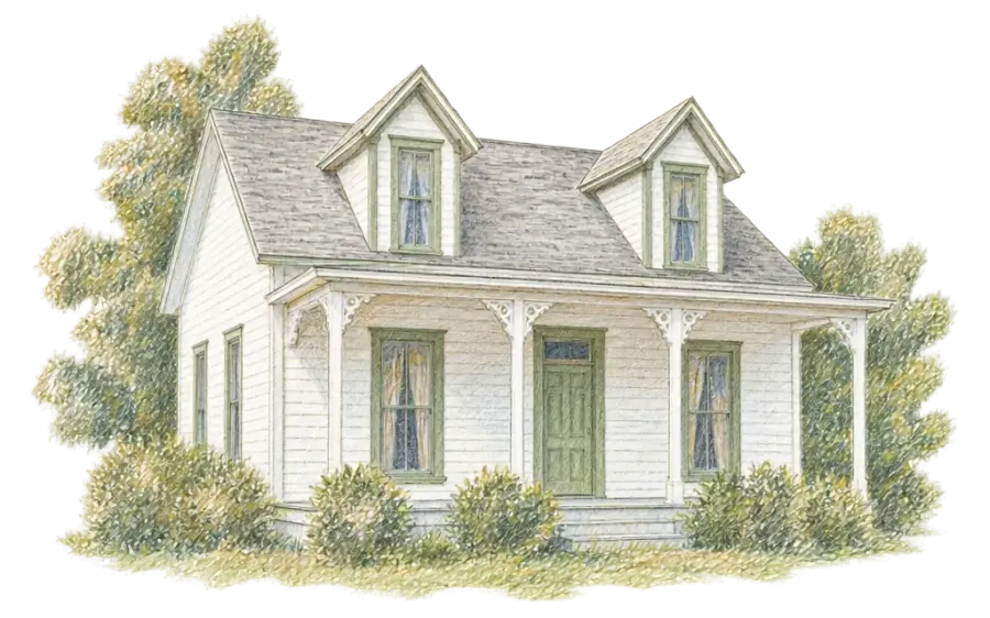 Pencil sketch of a small white Victorian house with a front porch among shade trees