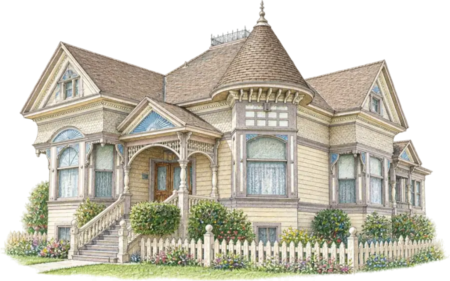 Pencil sketch of a Victorian house with a corner turret, porch and picket fence