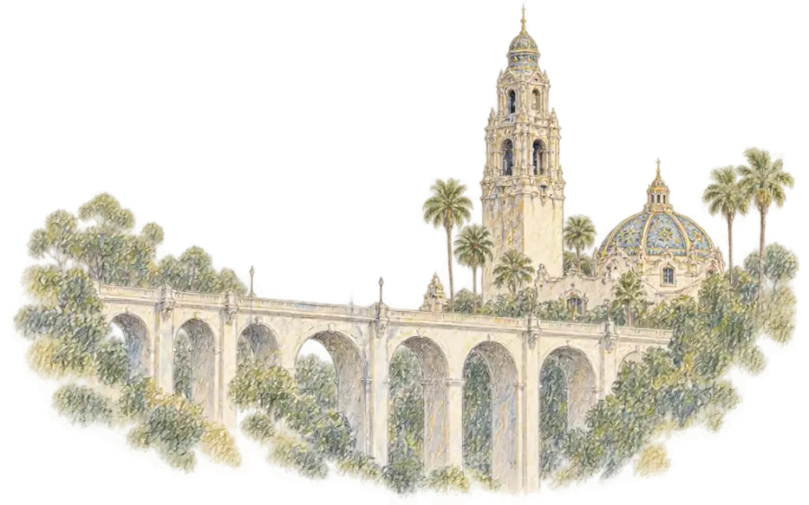 Pencil sketch of an ornate tiled tower and dome above an arched bridge