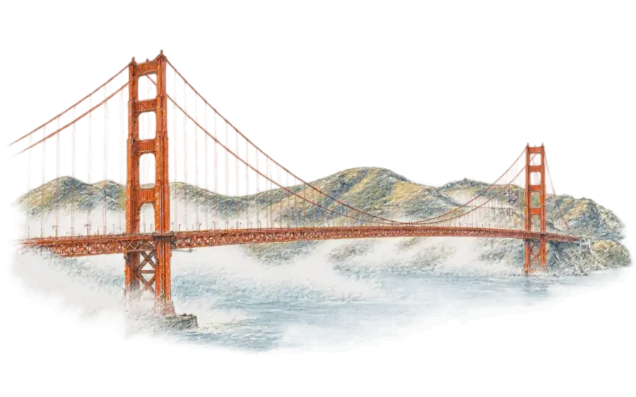 Pencil sketch of the Golden Gate Bridge's towers above low fog and the Marin Headlands