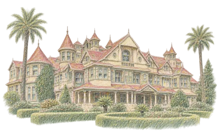 Pencil sketch of a sprawling Victorian mansion of many gables and turrets