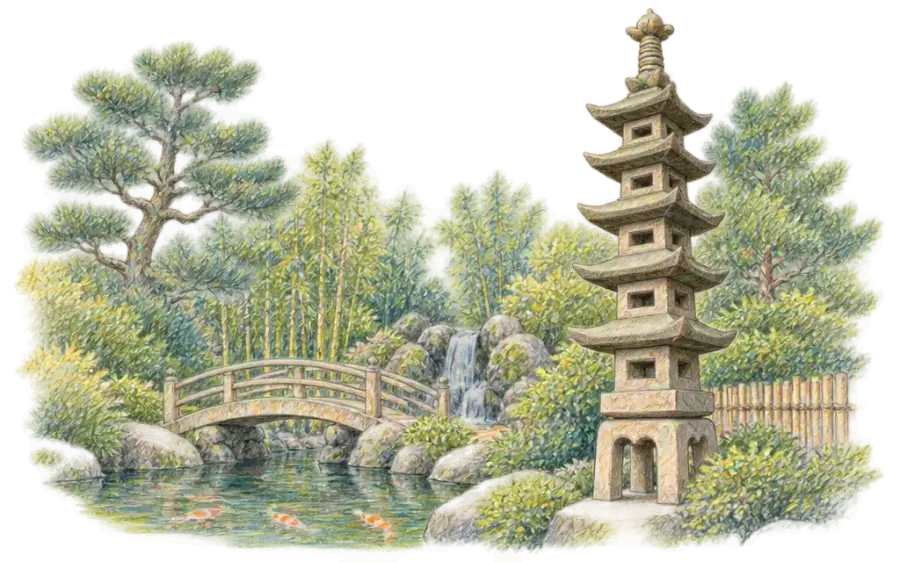 Pencil sketch of a stone pagoda beside a koi pond with a small arched bridge