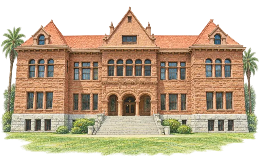Pencil sketch of a massive red sandstone courthouse with rounded arches and palms