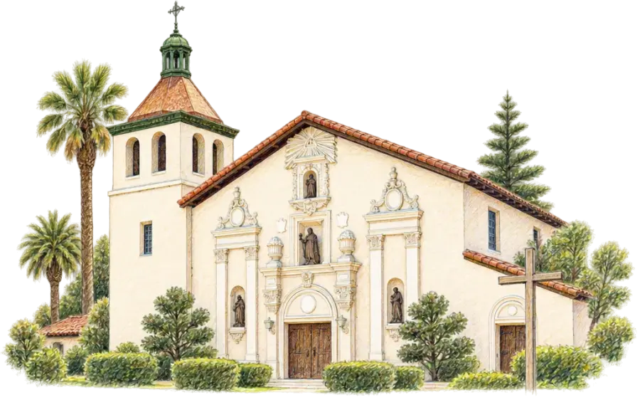 Pencil sketch of a mission church with a bell tower, palms and a wooden cross
