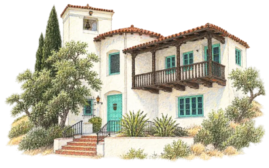 Pencil sketch of a white hilltop mansion with a tile roof above oaks