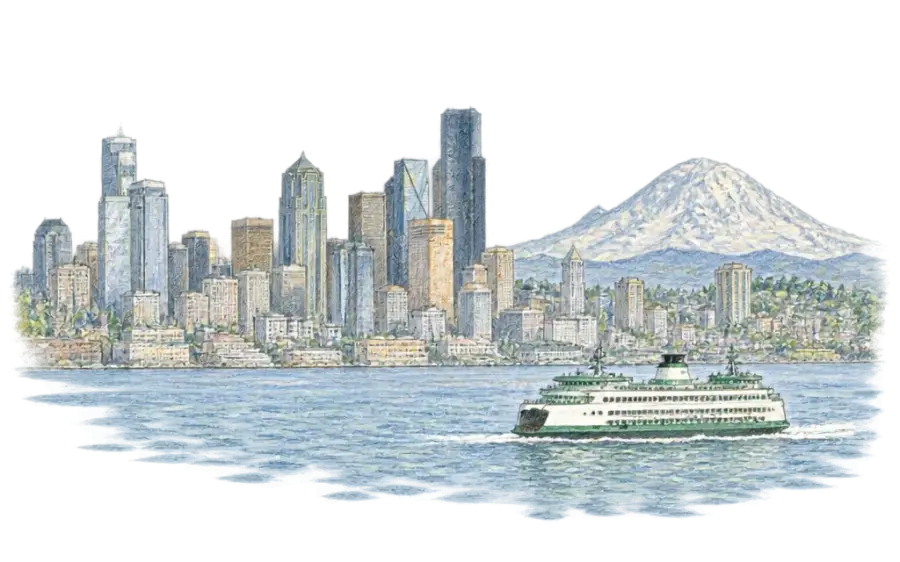 Pencil sketch of a ferry on the bay before the Seattle skyline and Mount Rainier