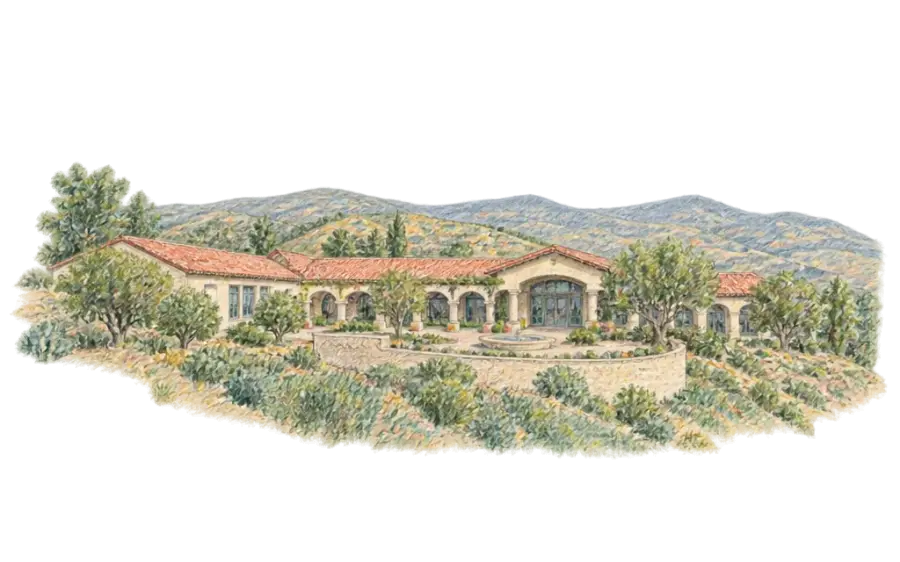Pencil sketch of a low Mission-style building with a tile roof on a hilltop