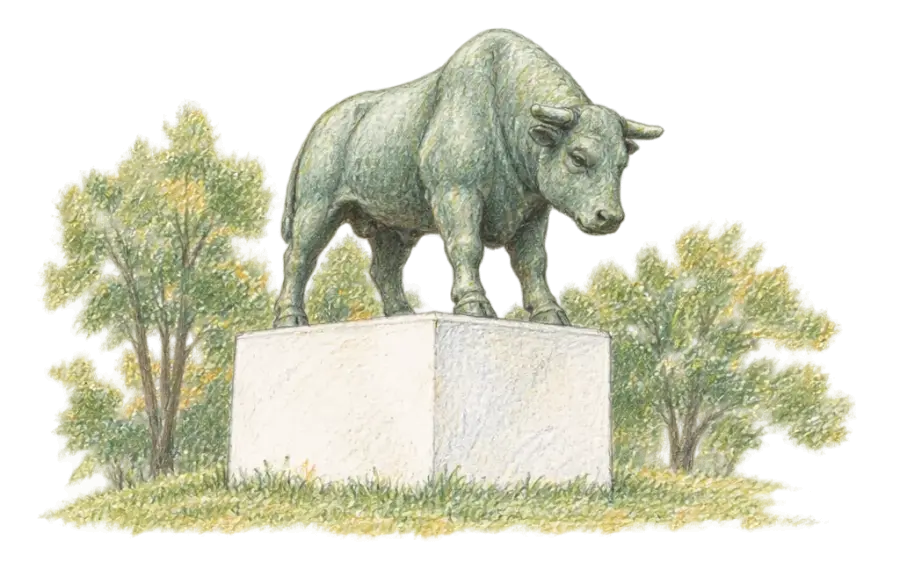 Pencil sketch of a calm green-patina bronze bull on a tall white pedestal