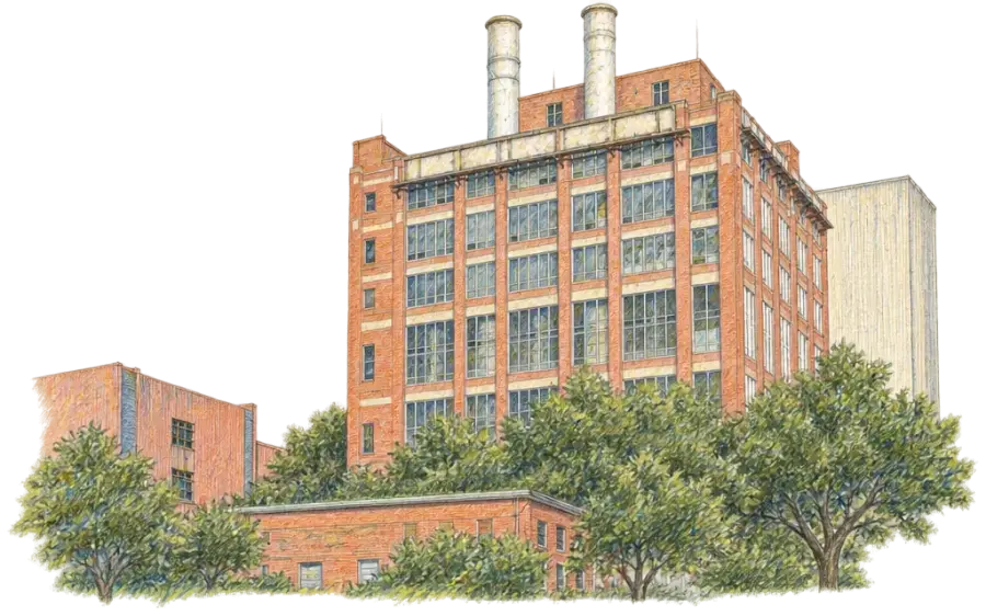 Pencil sketch of a tall red-brick refinery building with two white stacks
