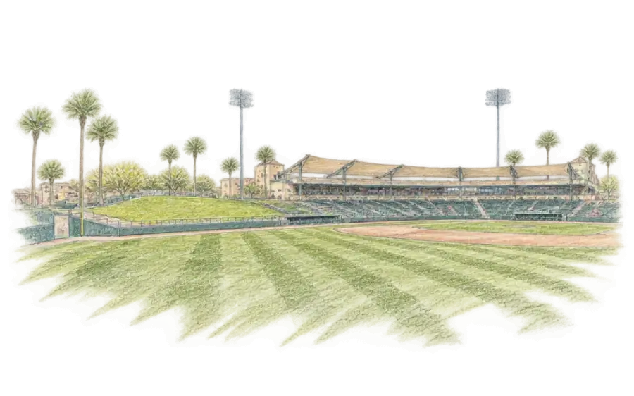 Pencil sketch of a ballpark's green field, shaded grandstand and palms