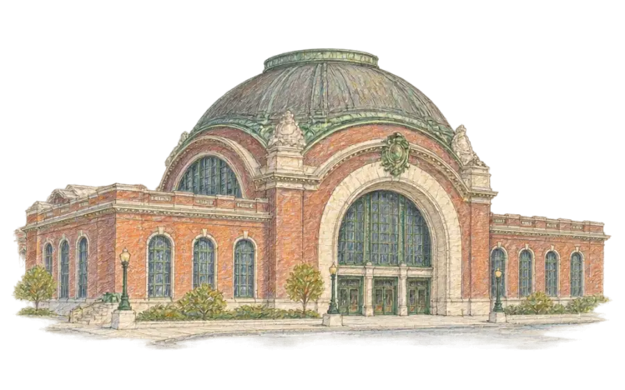 Pencil sketch of a red-brick domed station with a huge arched entrance