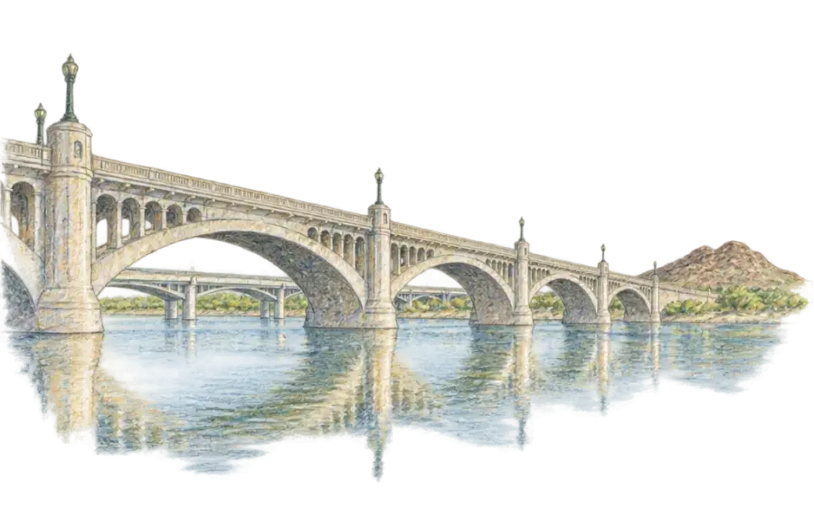 Pencil sketch of the arched Mill Avenue bridge over Tempe Town Lake beside Hayden Butte