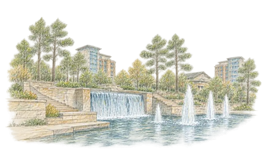 Pencil sketch of a terraced fountain with a waterfall and jets among tall pines