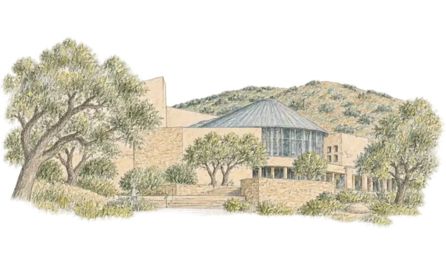 Pencil sketch of an angular civic building among oak trees with hills behind
