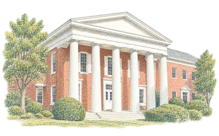 Pencil sketch of a red-brick Greek Revival courthouse with white columns and shade trees