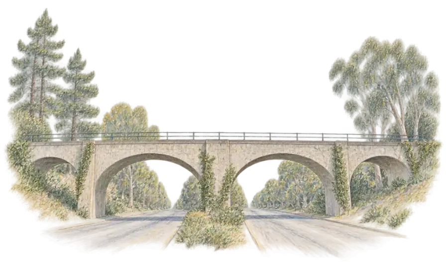 Pencil sketch of a plain concrete railway bridge on round arches over a boulevard